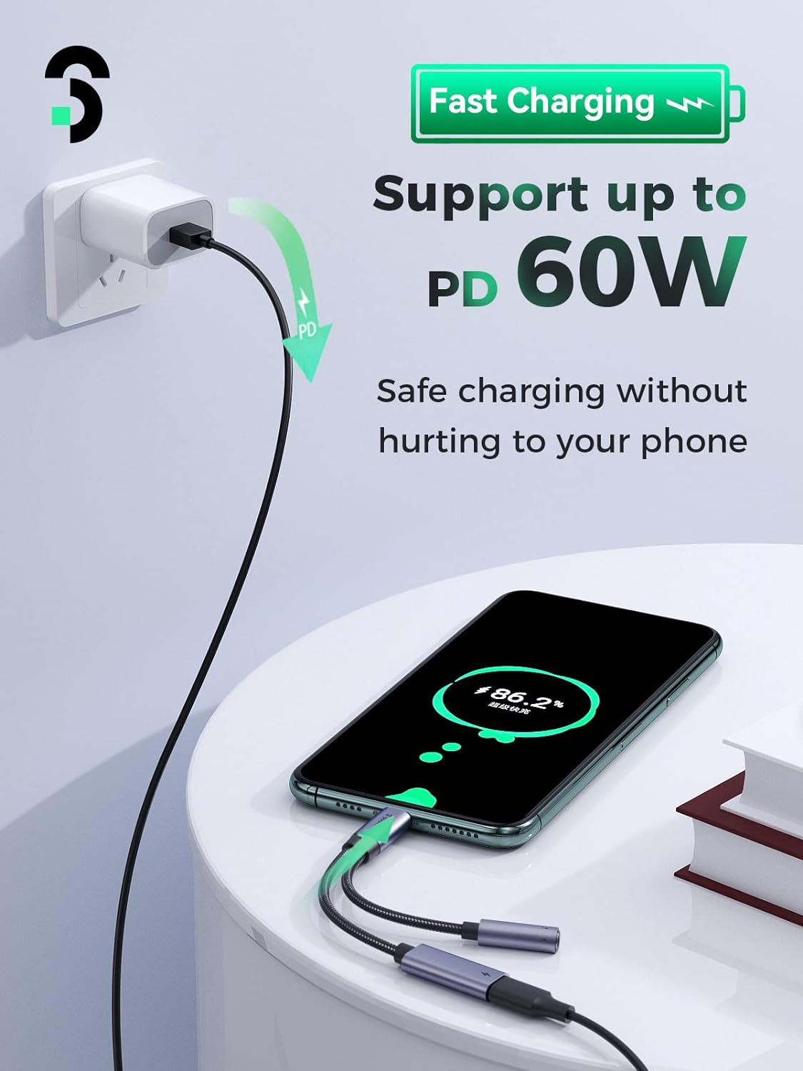 2-in-1 USB C to 3.5mm Jack Headphones and Charger Adapter,