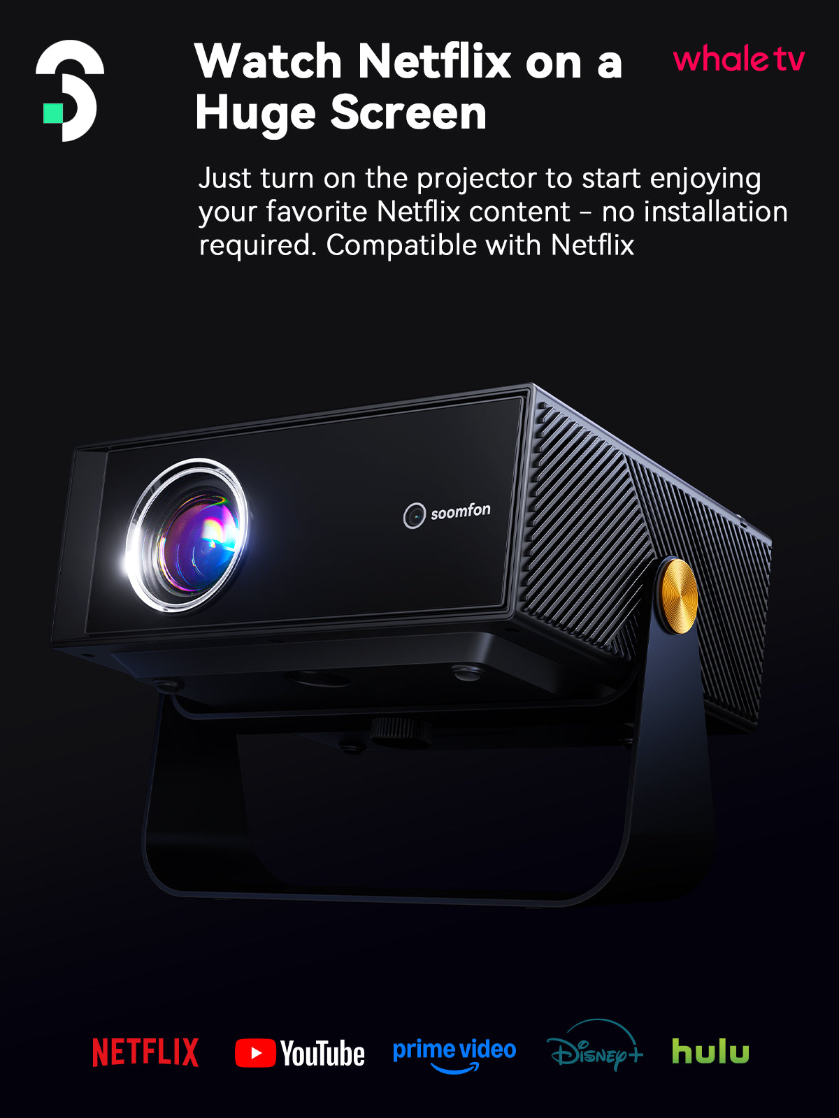 SOOMFON SK3 Smart Projector with WiFi and Bluetooth 1080P Native HDR10 - Portable Outdoor Movie Mini Projector with Stand Auto Focus & Keystone, Zoom for Home/Bedroom Compatible with Netflix