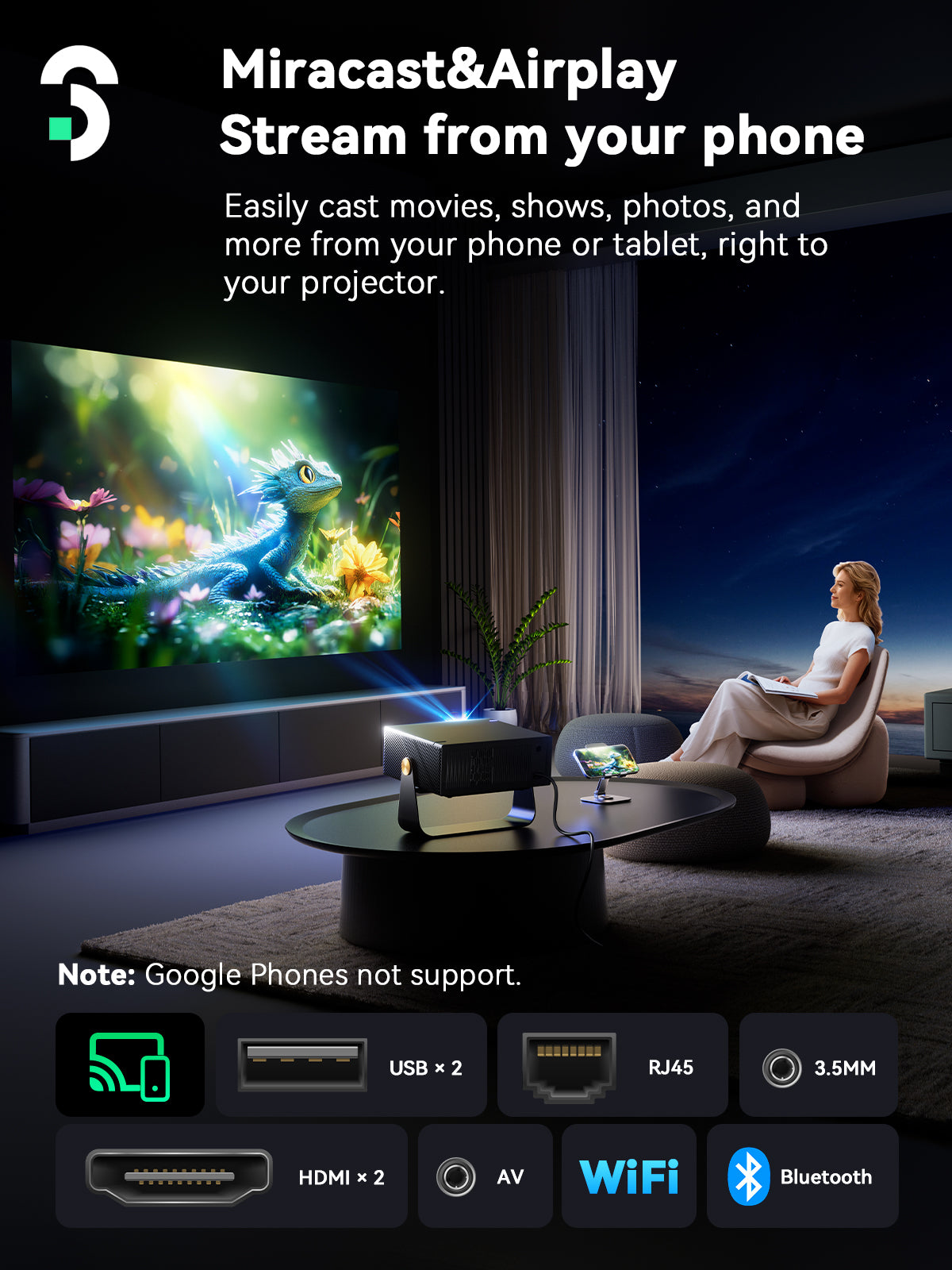 SOOMFON SK3 Smart Projector with WiFi and Bluetooth 1080P Native HDR10 - Portable Outdoor Movie Mini Projector with Stand Auto Focus & Keystone, Zoom for Home/Bedroom Compatible with Netflix