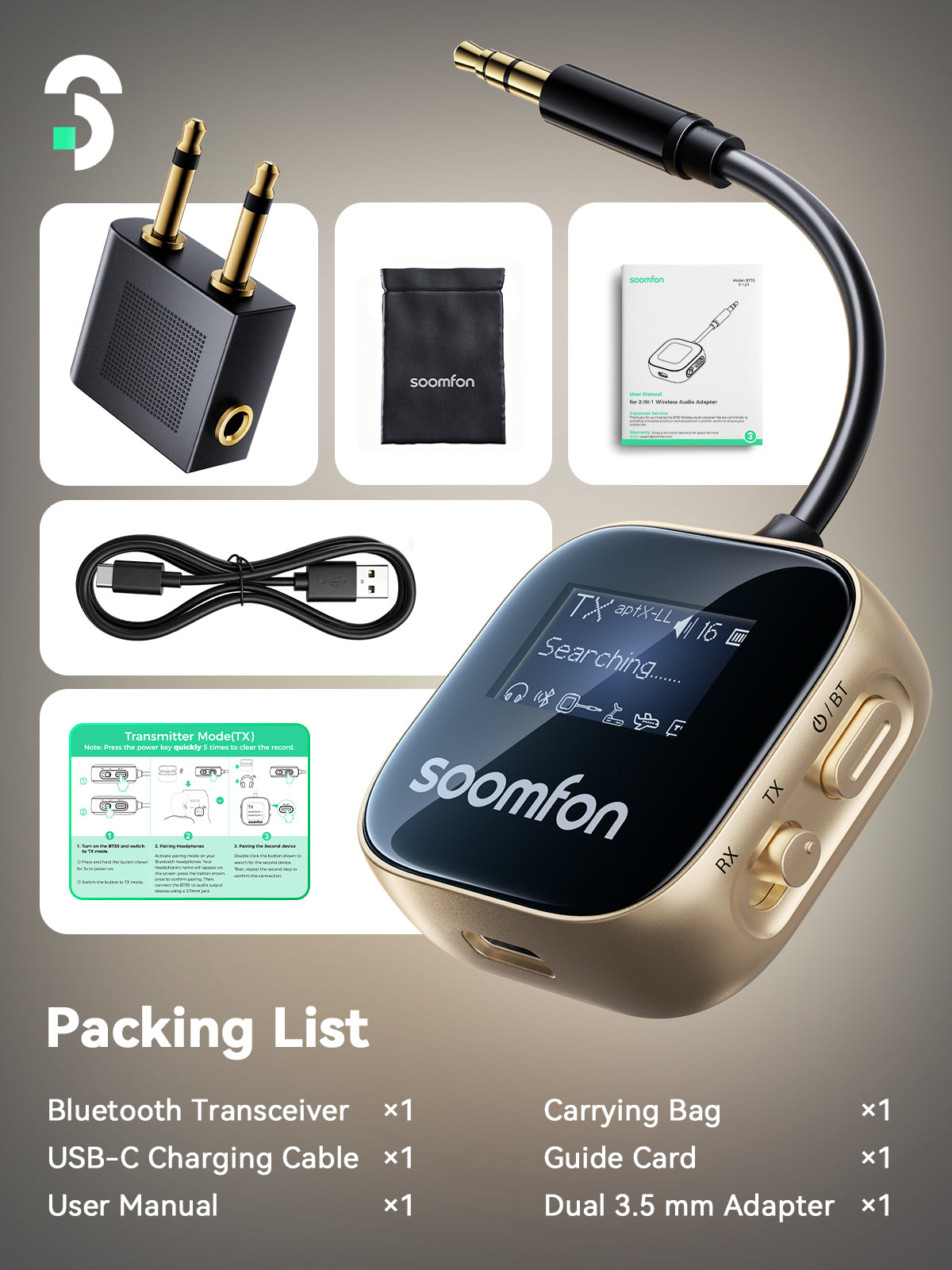 SOOMFON APTX Bluetooth Transmitter and Receiver with screen