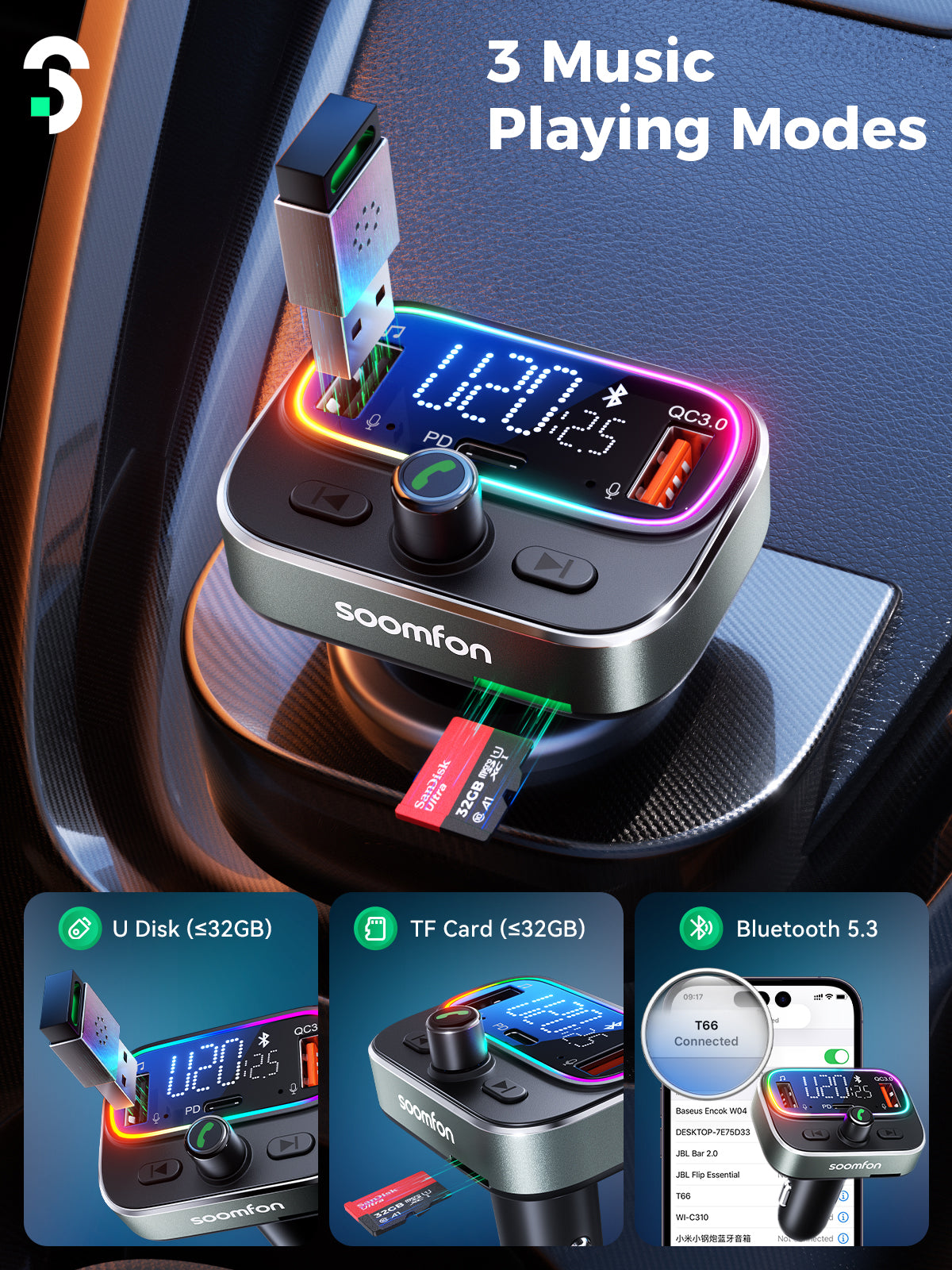 Bluetooth 5.3 FM Transmitter with PD30W QC18W Car Charger